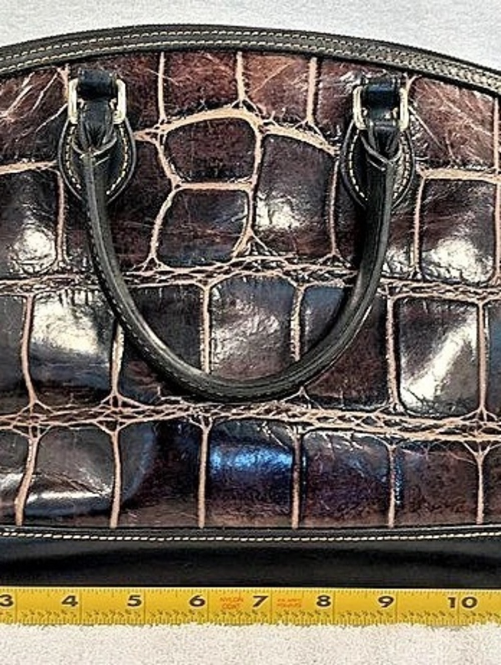 Dooney & Bourke Croco Embossed Leather Domed Satchel Tote in Brown & Black